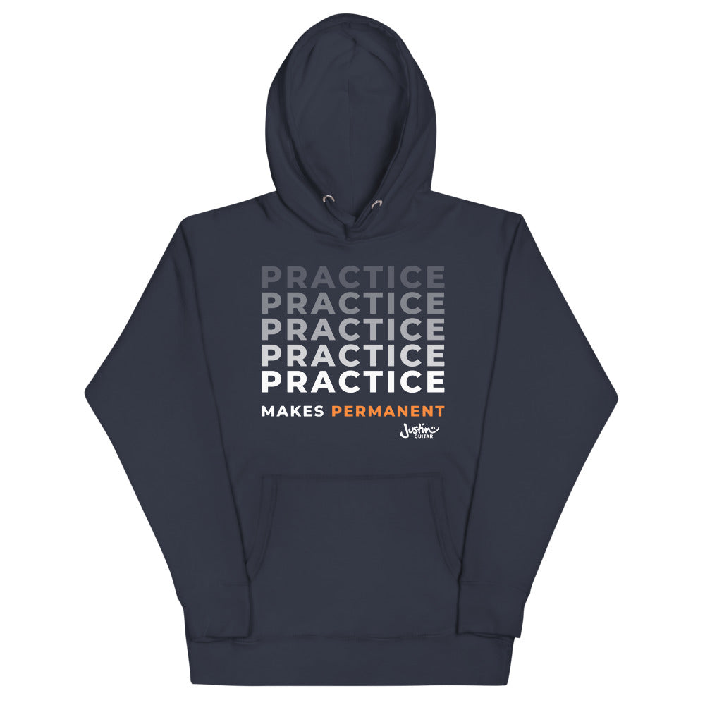 Navy hoodie  with 'Practice makes permanent' design.