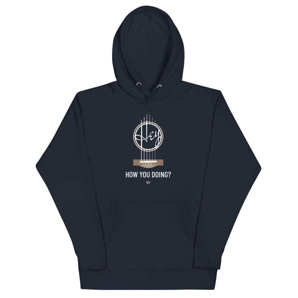 Navy hoodie with 'Hey, How you doing? guitar design.