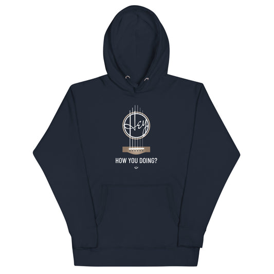 Navy hoodie with 'Hey, How you doing? guitar design.