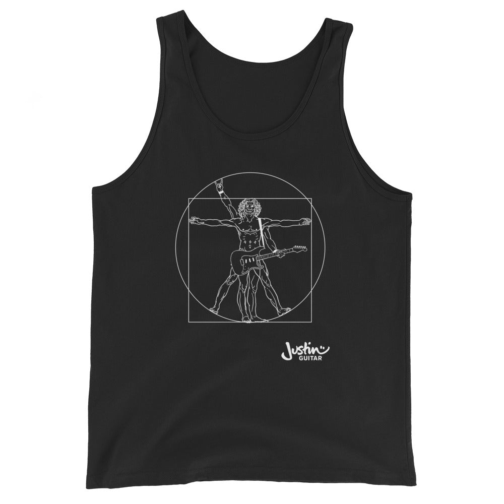 Black tank top with a design of Da Vinci playing the electric guitar. 