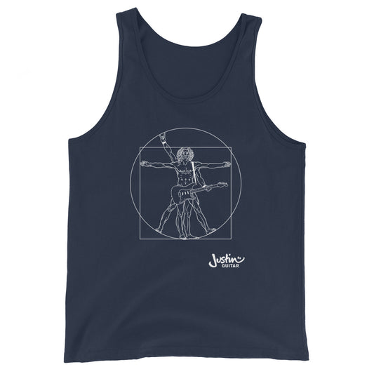 Navy tank top with a design of Da Vinci playing the electric guitar. 