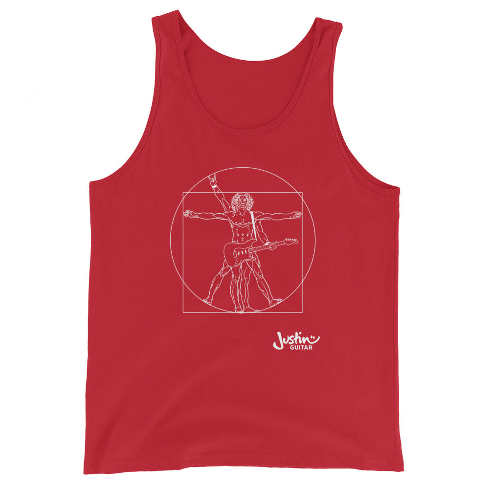 Red tank top with a design of Da Vinci playing the electric guitar. 