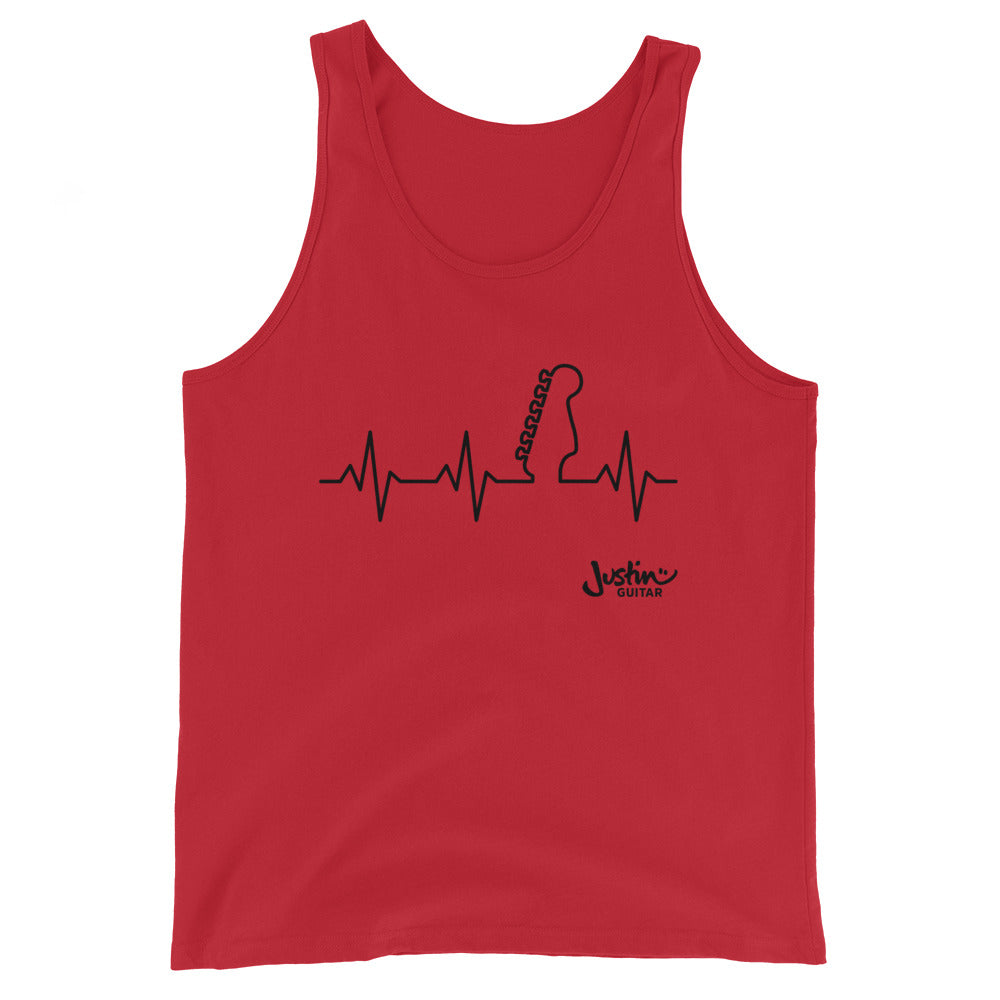 Red tank top with guitar heartbeat design.