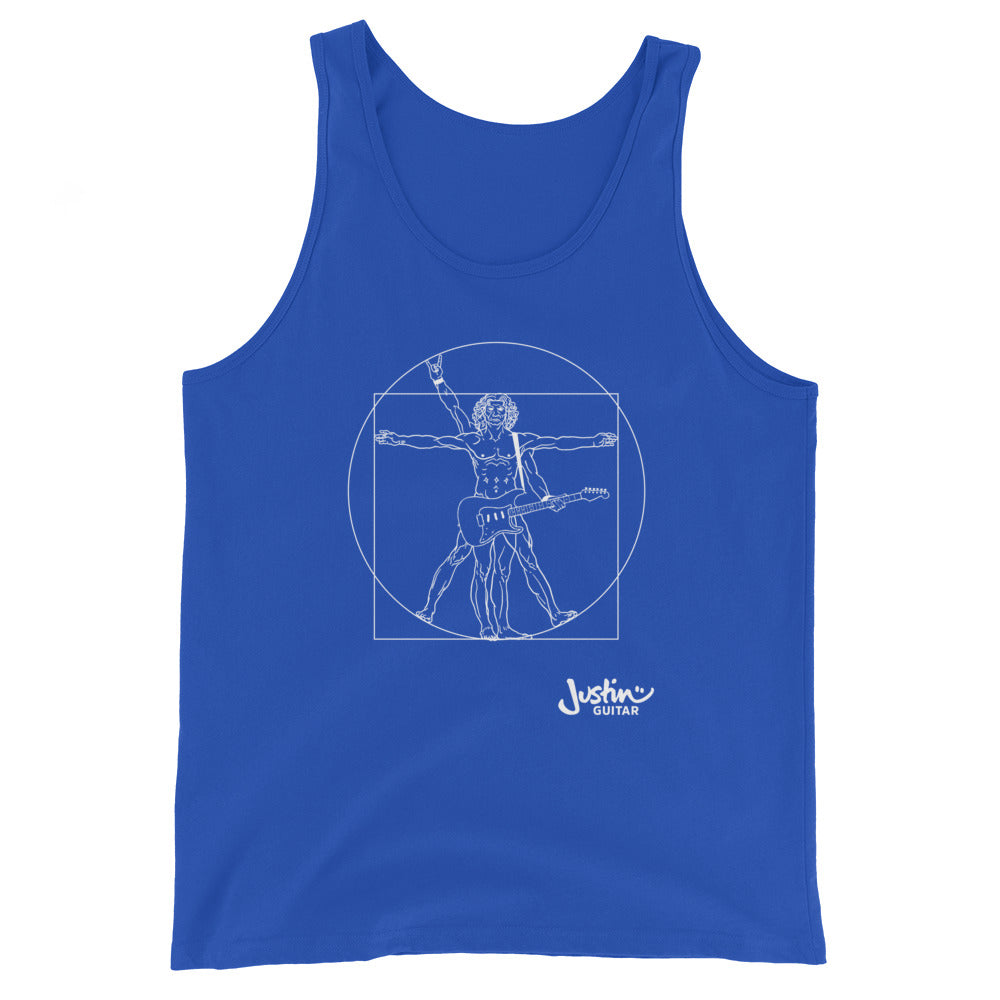 Royal blue tank top with a design of Da Vinci playing the electric guitar. 