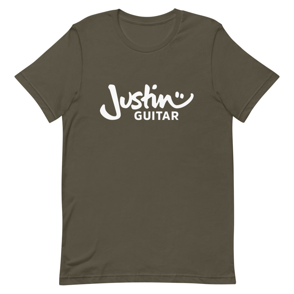 Army green tshirt with JustinGuitar logo.