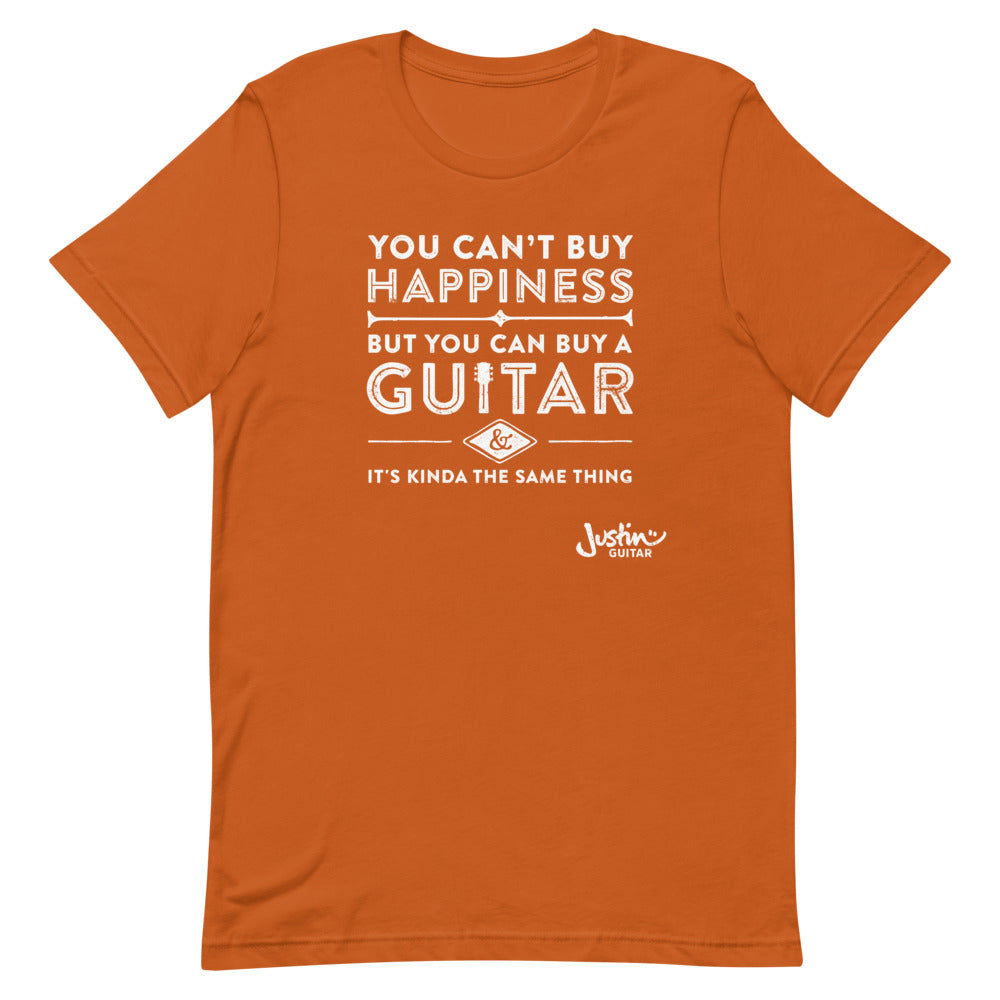 Orange tshirt with designs stating 'you can't buy happiness, but you can buy a guitar & it's kinda the same thing' 