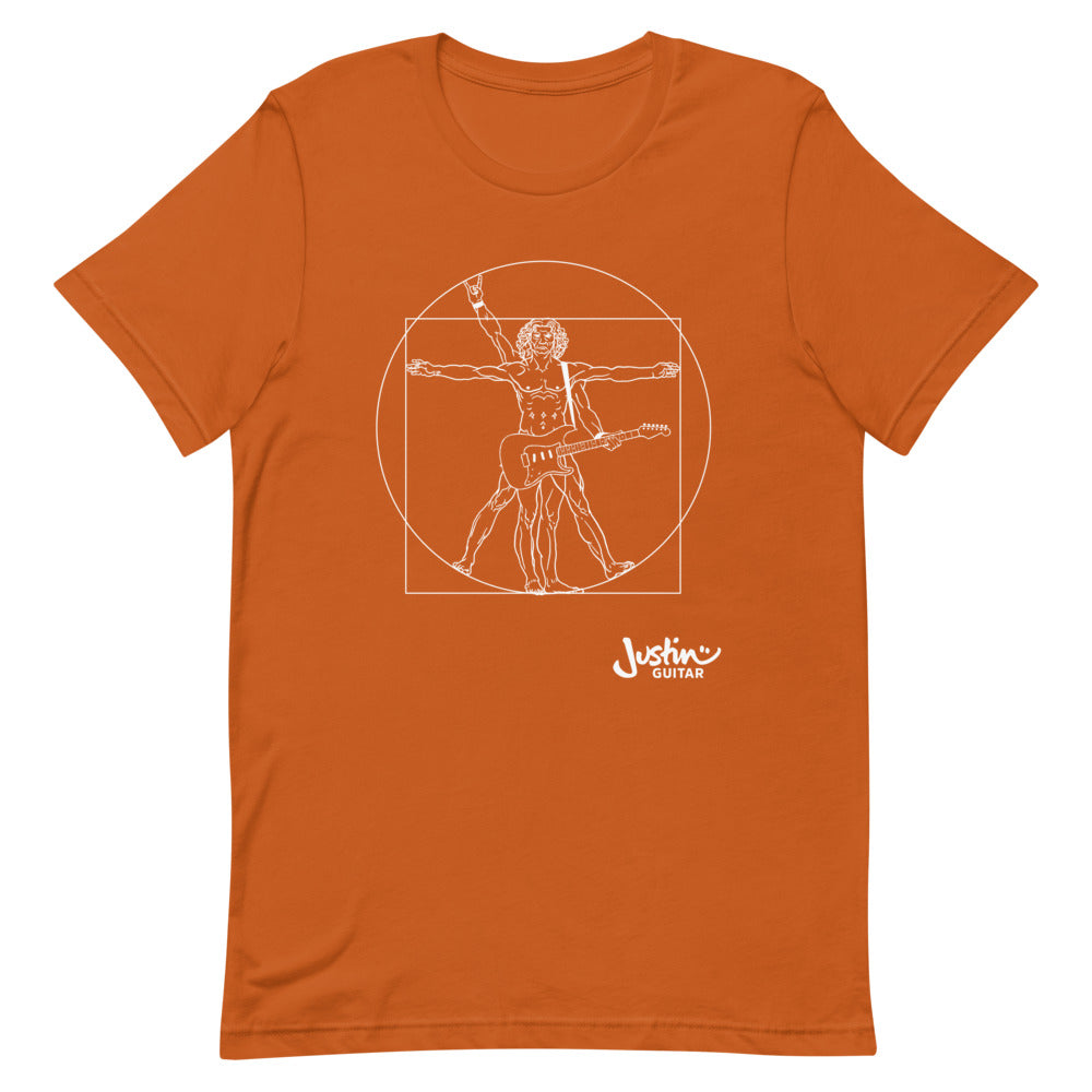 Orange T-Shirt with a design of Da Vinci playing the electric guitar. 
