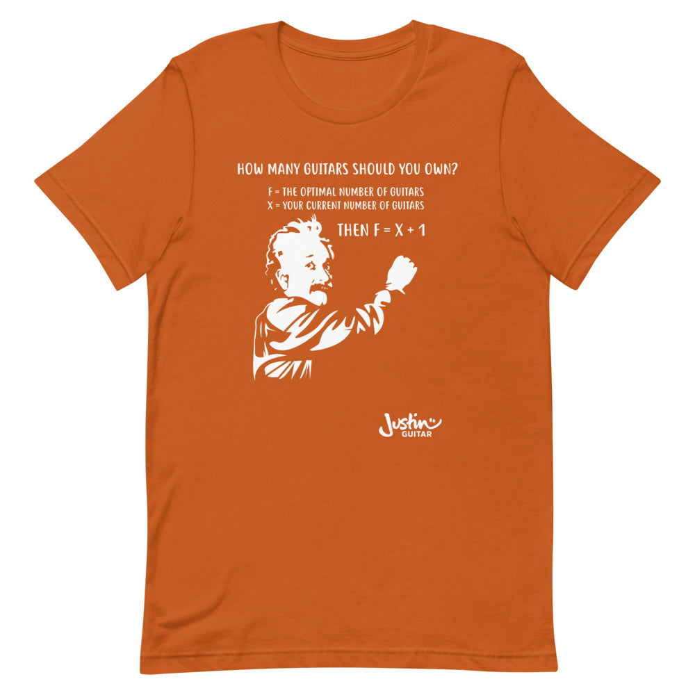 Orange Tshirt with design featuring Einstein calculating how many guitars a guitar lover should own. 