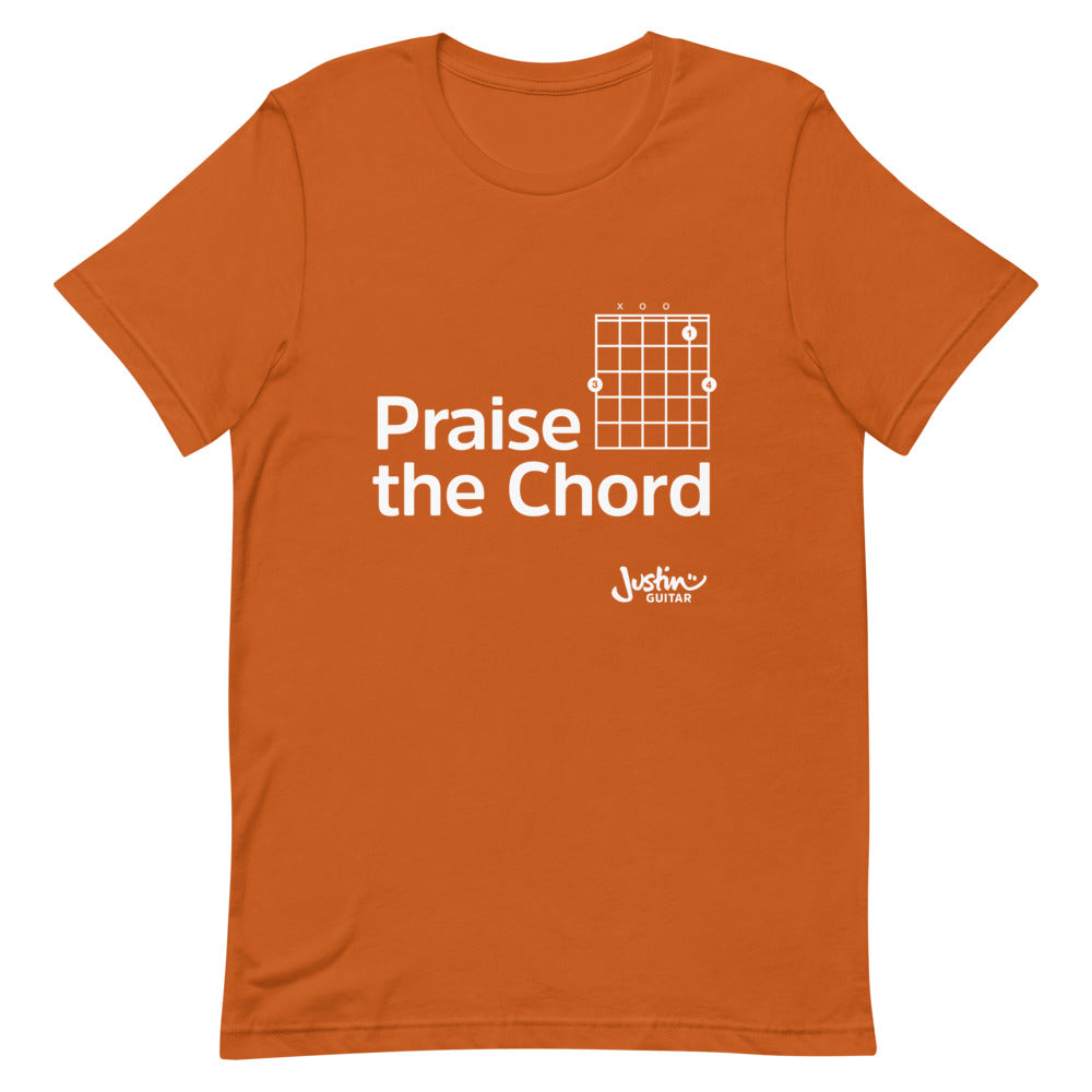 Orange tshirt with 'praise the chord' guitar chord design. 