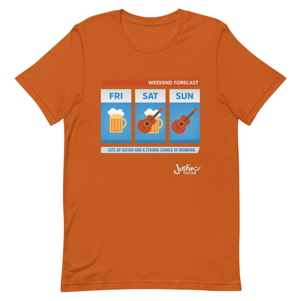 Orange tshirt with weekend forecast design showing lots of guitar and a strong change of drinking.