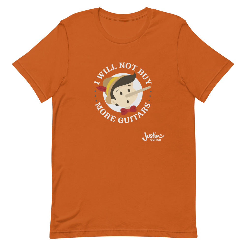 Orange tshirt featuring 'I will not buy more guitars' Pinocchio design. 