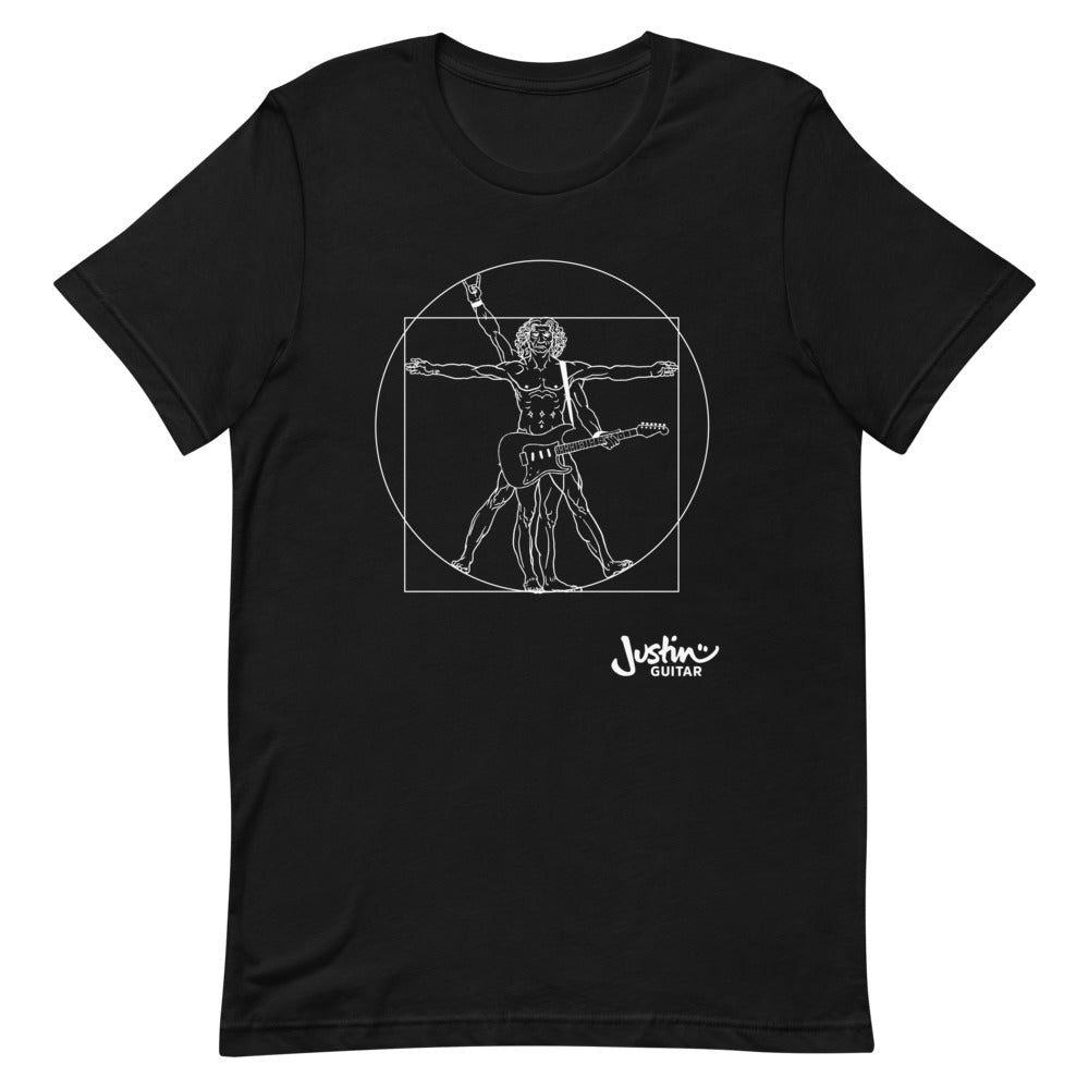 Black T-Shirt with a design of Da Vinci playing the electric guitar. 