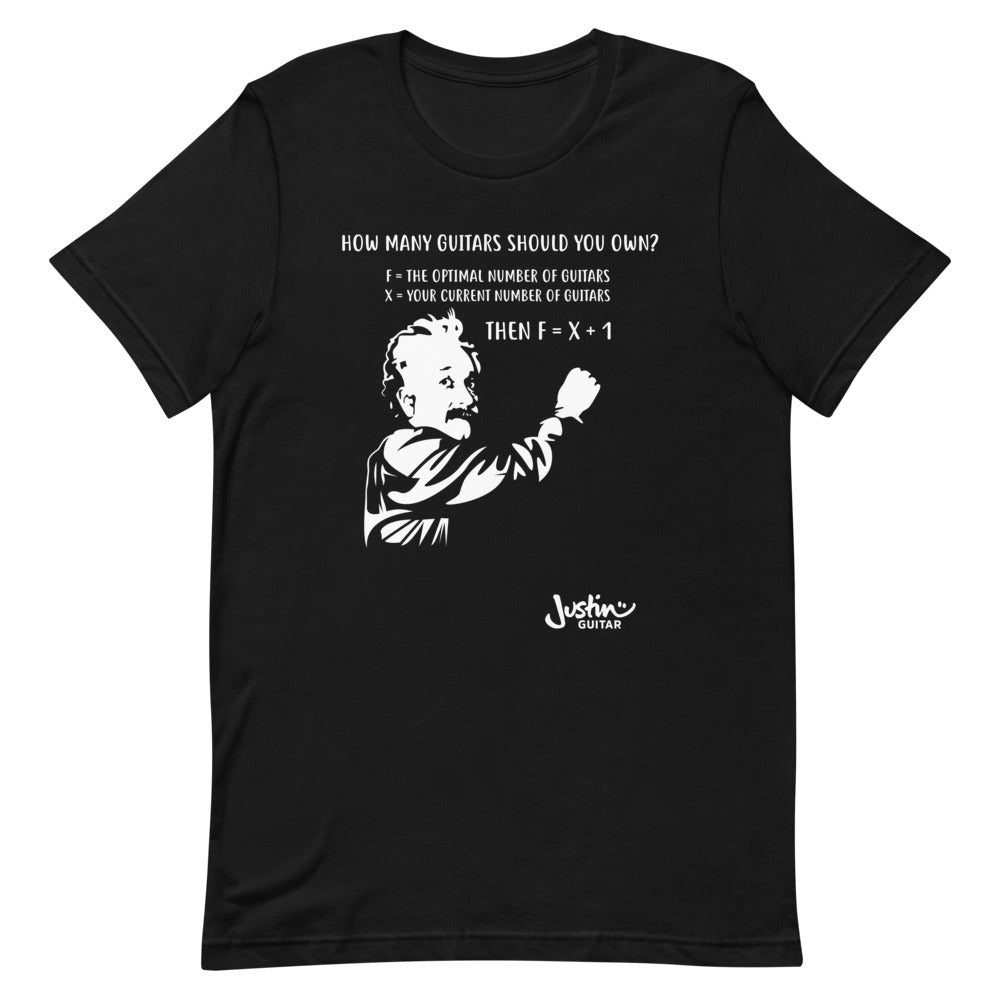 Black Tshirt with design featuring Einstein calculating how many guitars a guitar lover should own. 