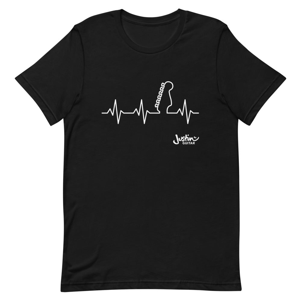 Black tshirt with guitar heartbeat design.