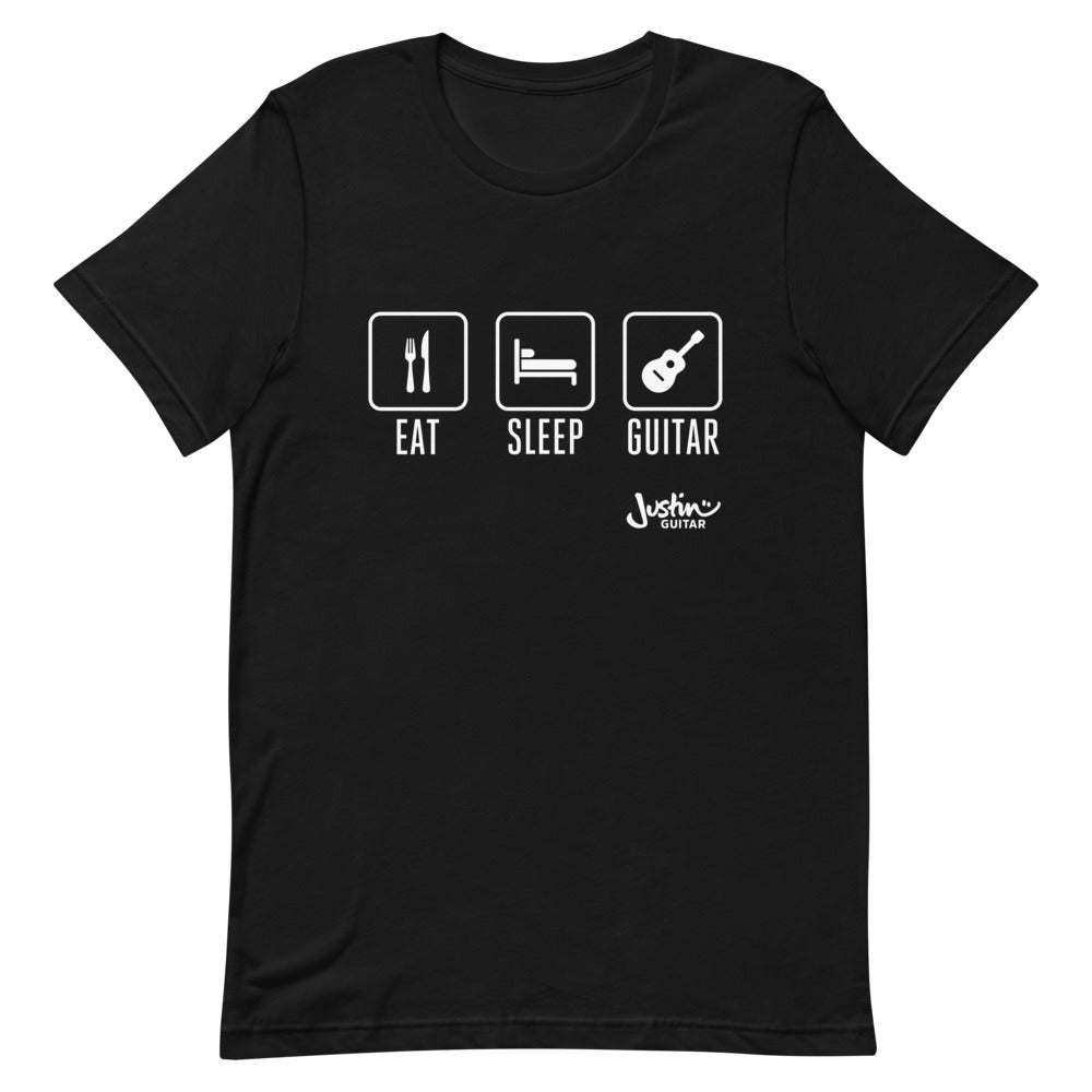 Black T-shirt with a design that says 'Eat, Sleep, Guitar'.