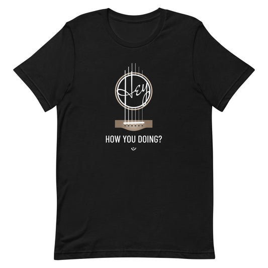 Black tshirt with with 'Hey, How you doing? guitar design.