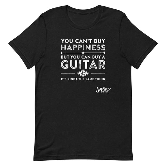 Black tshirt with designs stating 'you can't buy happiness, but you can buy a guitar & it's kinda the same thing'