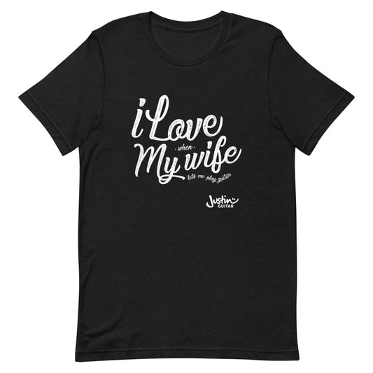 Heather black tshirt with 'I love when my wife lets me play guitar' design.