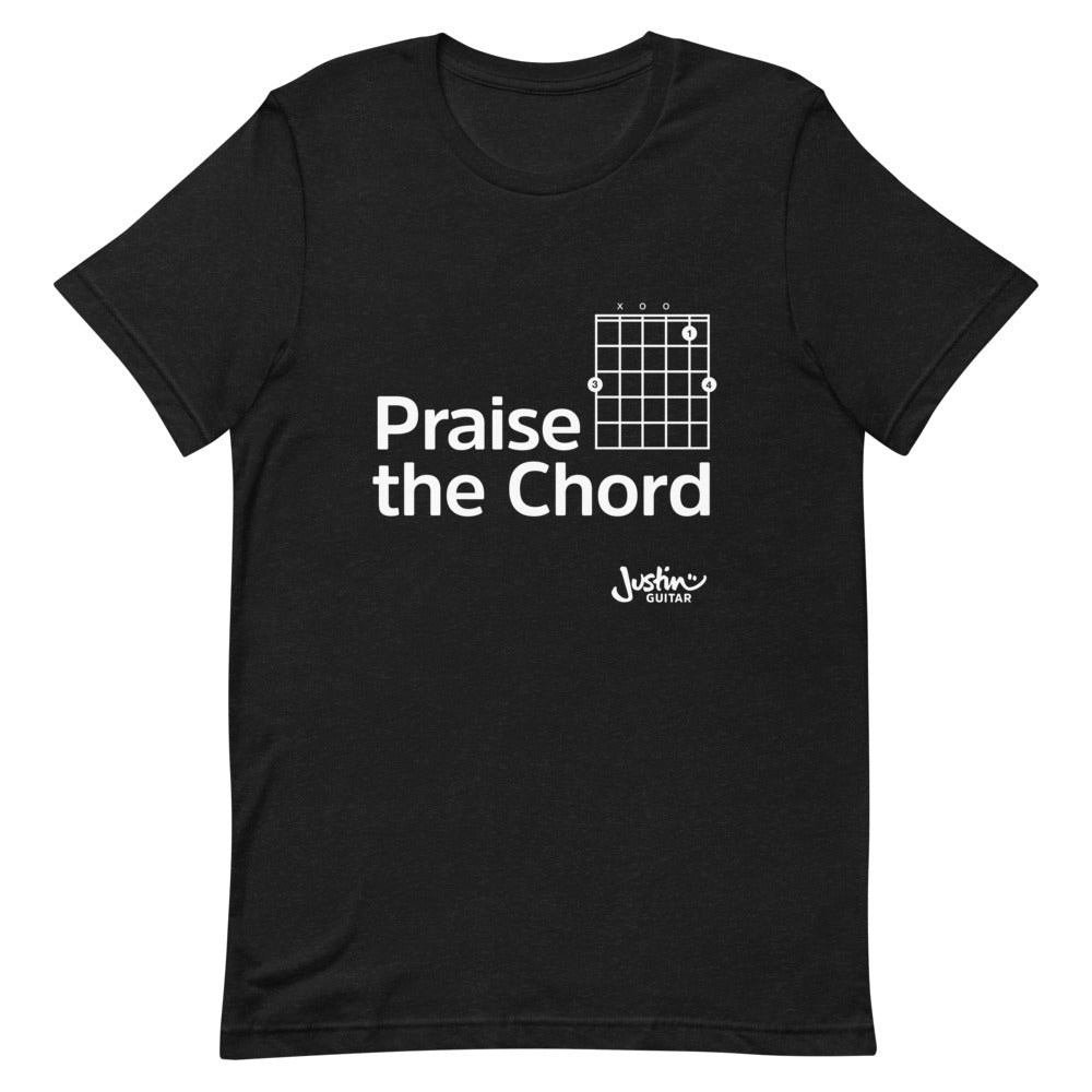 Black tshirt with 'praise the chord' guitar chord design. 