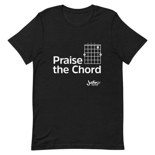 Black tshirt with 'praise the chord' guitar chord design.