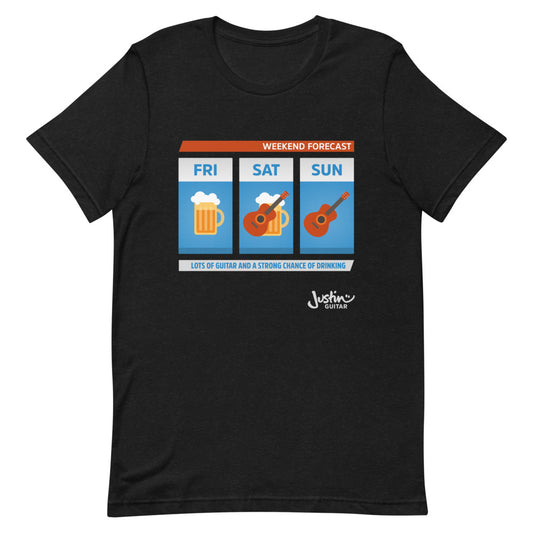 Black tshirt with weekend forecast design showing lots of guitar and a strong change of drinking.