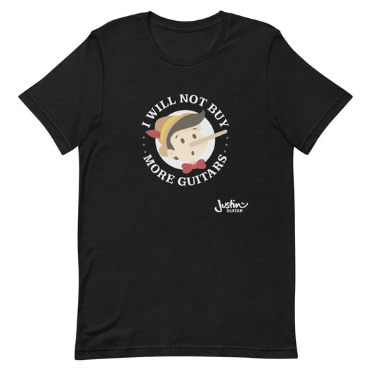 Black tshirt featuring 'I will not buy more guitars' Pinocchio design. 