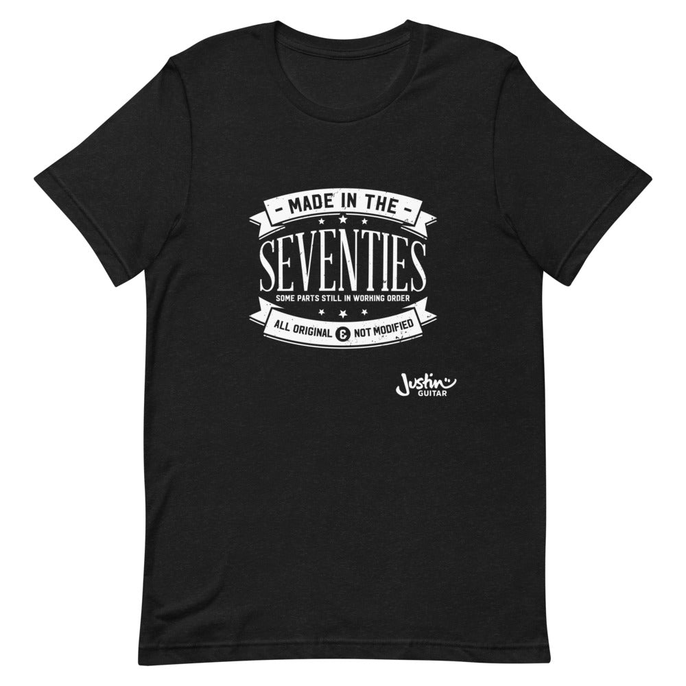 Black tshirt with 'Made in the seventies' design.