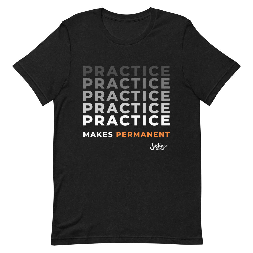 Black tshirt with 'Practice makes permanent' design.