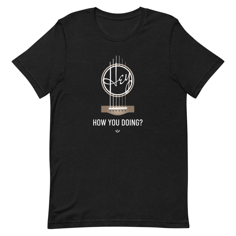 Heather black tshirt with 'Hey, How you doing? guitar design.