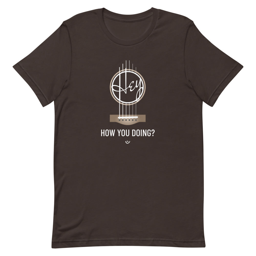 Brown tshirt with 'Hey, How you doing? guitar design.