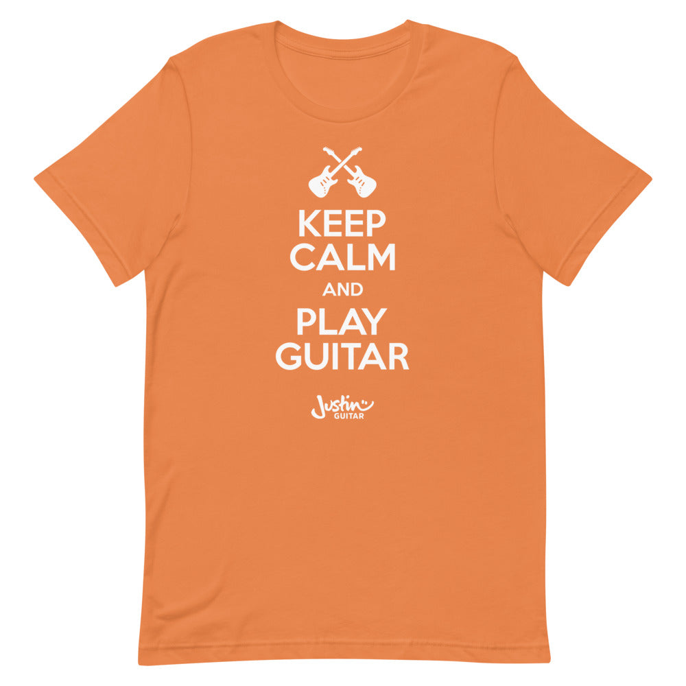 Orange tshirt with 'Keep calm and play guitar' design.