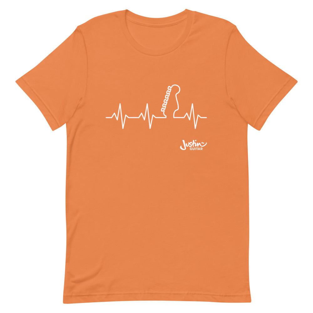 Orange tshirt with guitar heartbeat design.