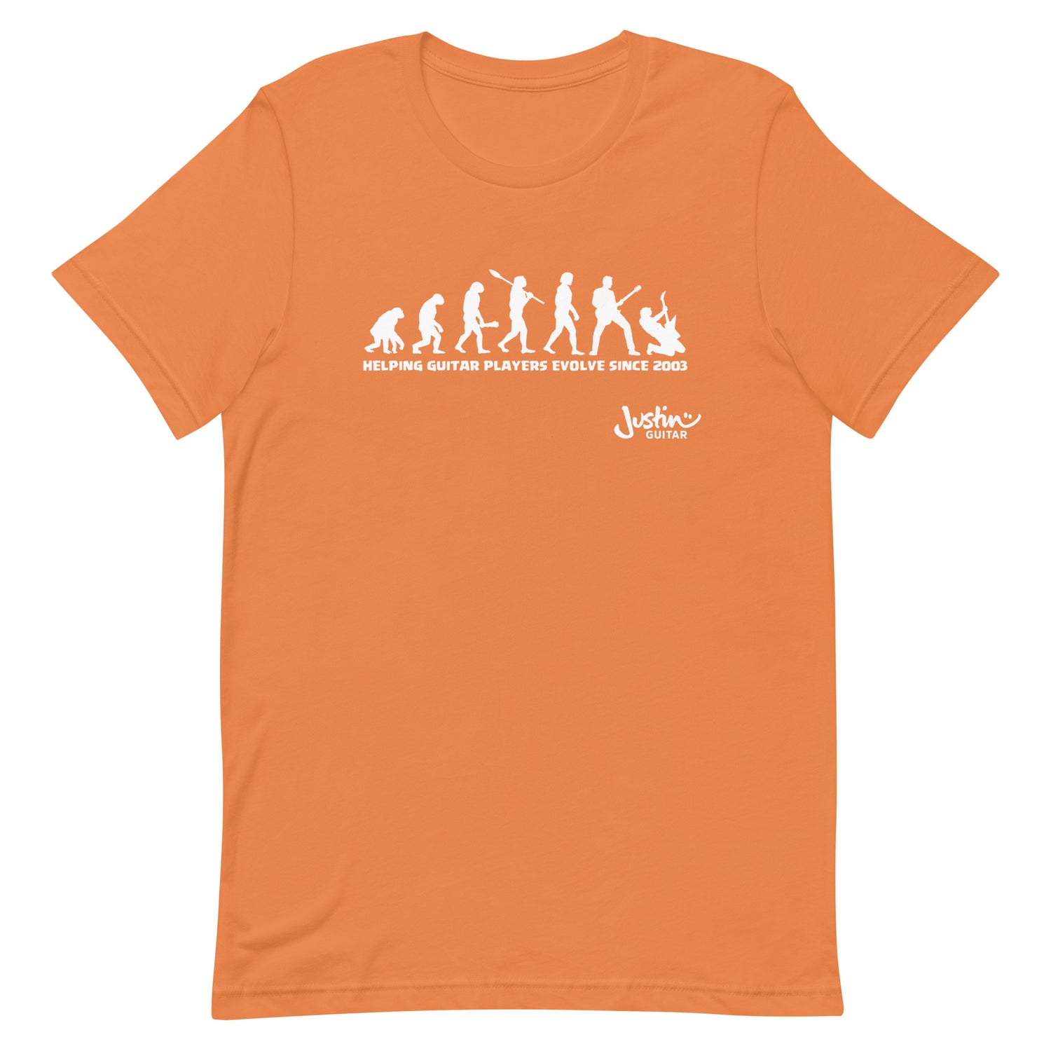 Orange Tshirt with funny design of evolving guitar players through time. 