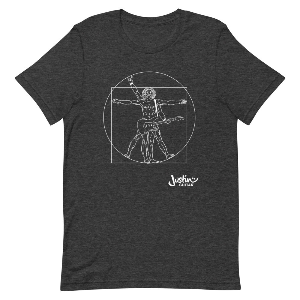 Grey heather T-Shirt with a design of Da Vinci playing the electric guitar. 