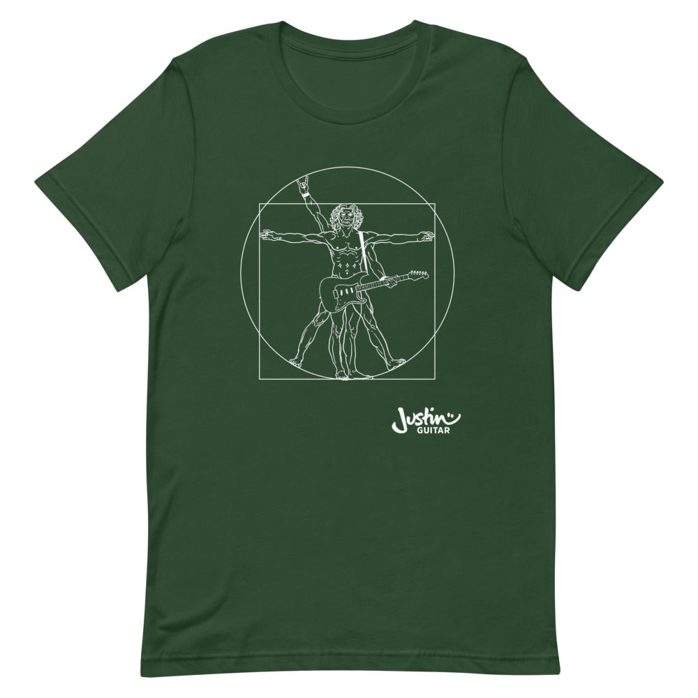 Green T-Shirt with a design of Da Vinci playing the electric guitar. 