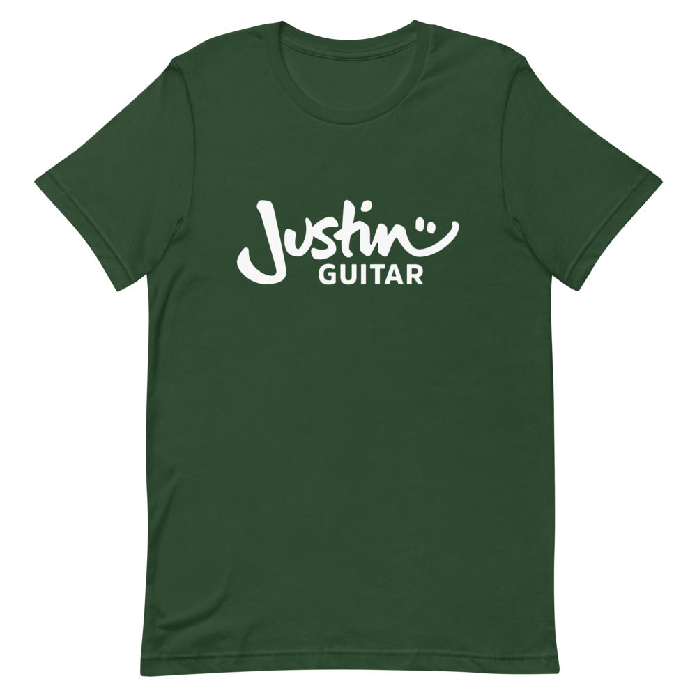 Green tshirt with JustinGuitar logo.