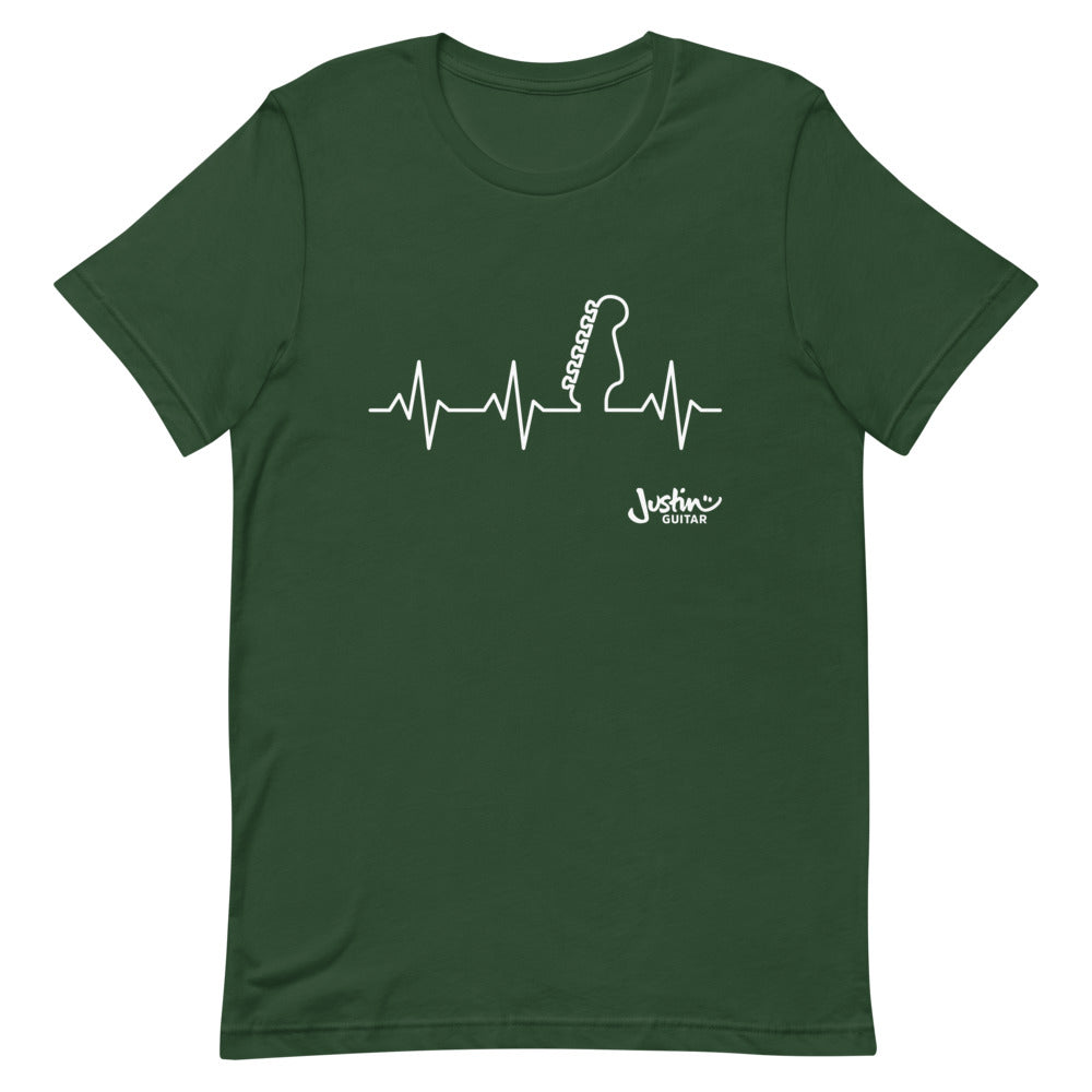 Green tshirt with guitar heartbeat design.