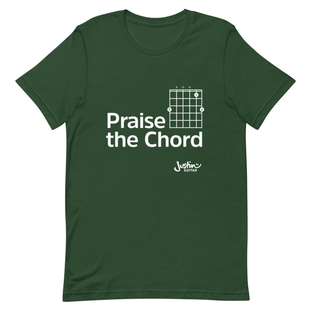 Green tshirt with 'praise the chord' guitar chord design. 