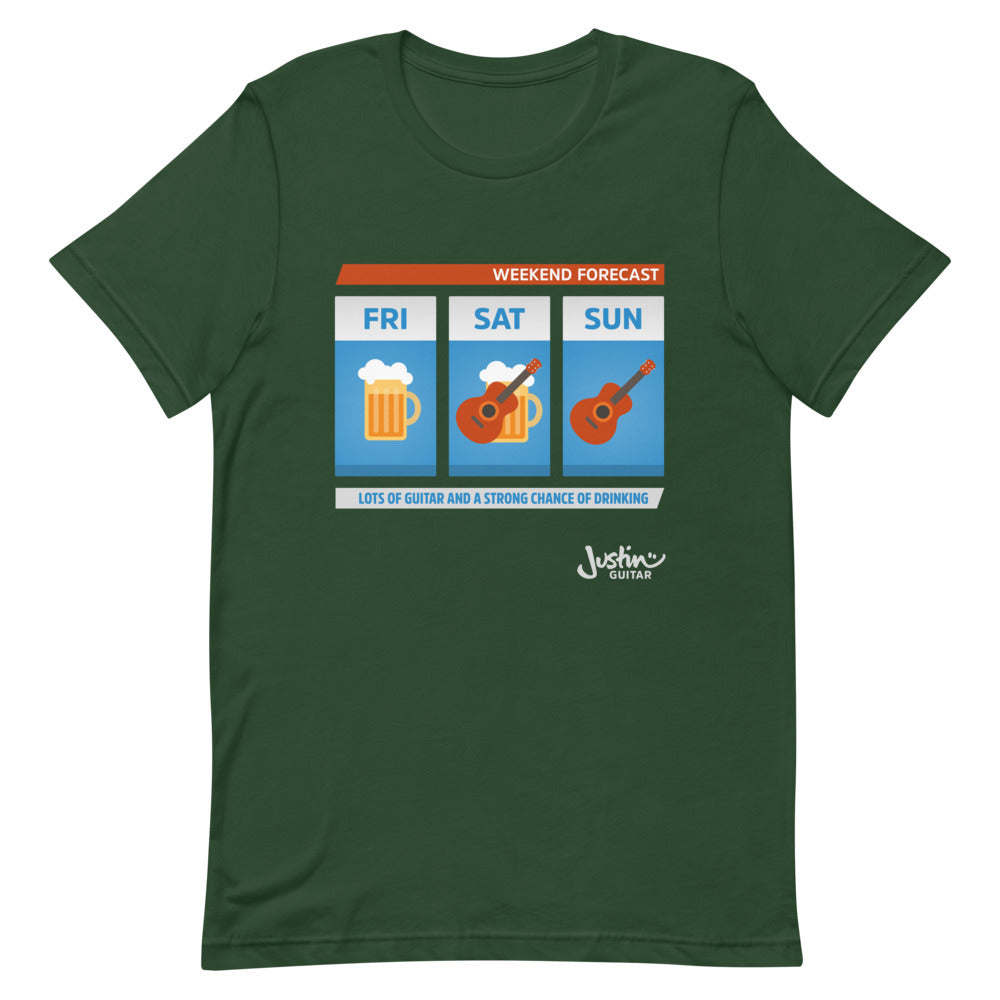 Green tshirt with weekend forecast design showing lots of guitar and a strong change of drinking.