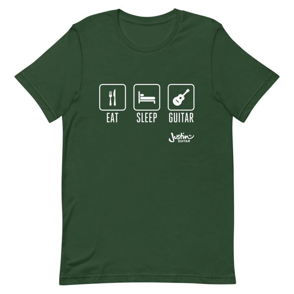 Green T-shirt with a design that says 'Eat, Sleep, Guitar'.