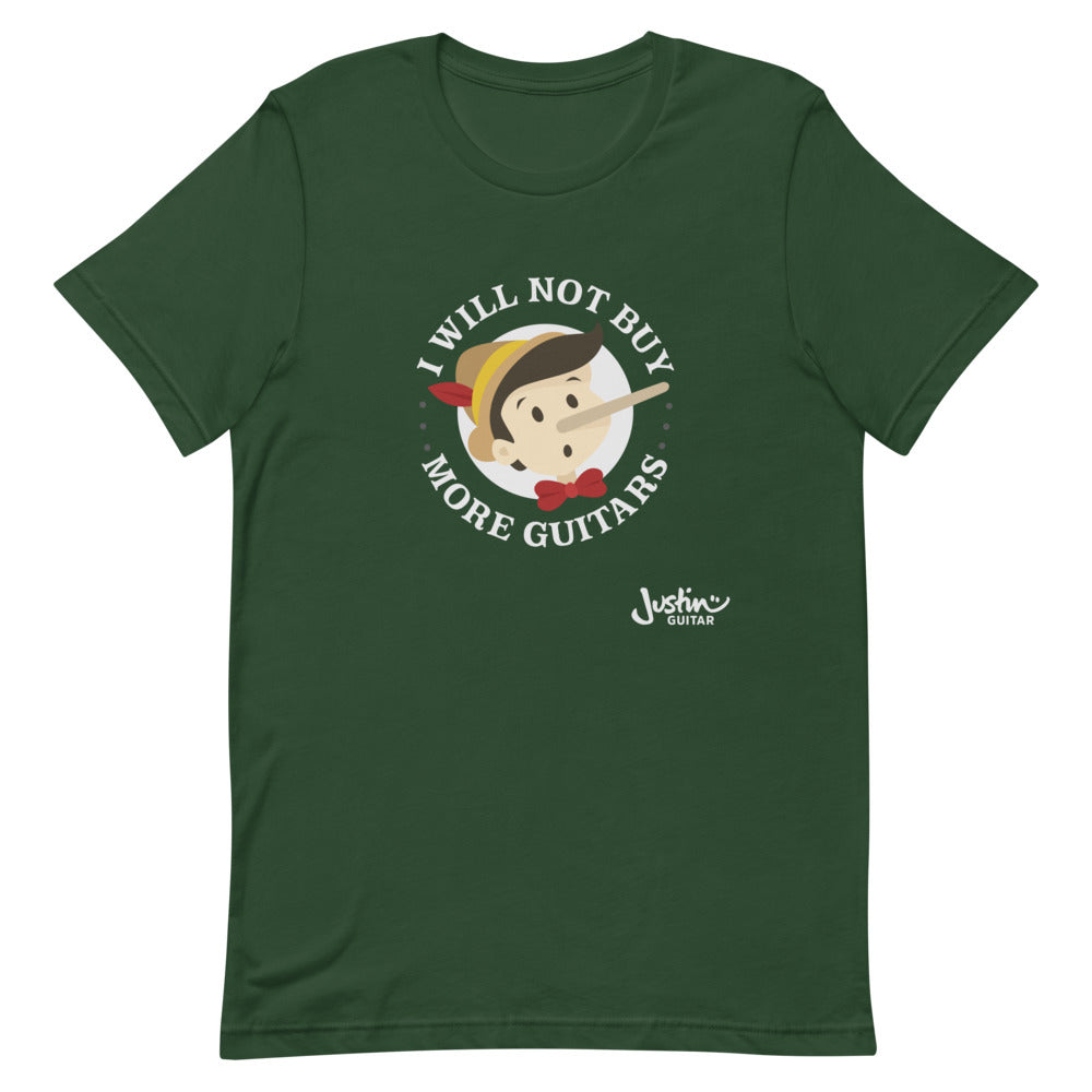 Green tshirt featuring 'I will not buy more guitars' Pinocchio design. 