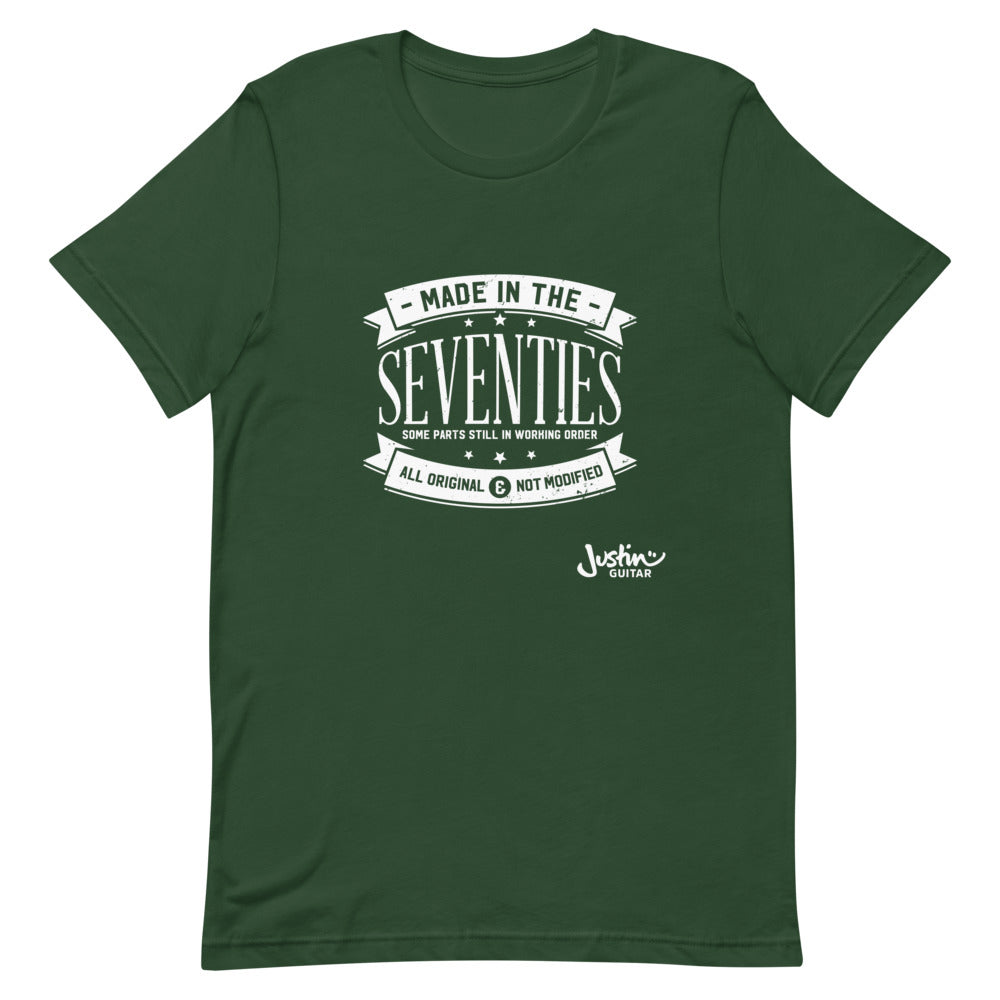 Green tshirt with 'Made in the seventies' design.