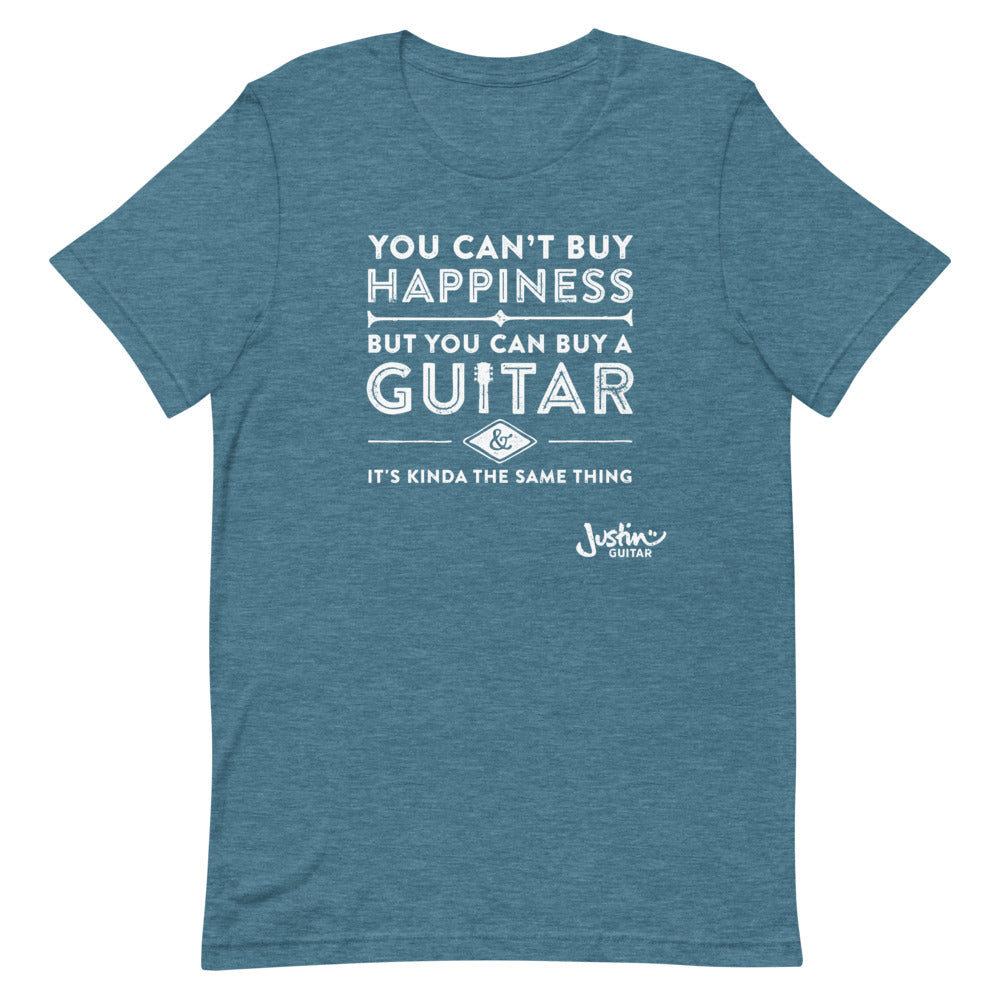 Teal tshirt with designs stating 'you can't buy happiness, but you can buy a guitar & it's kinda the same thing' 