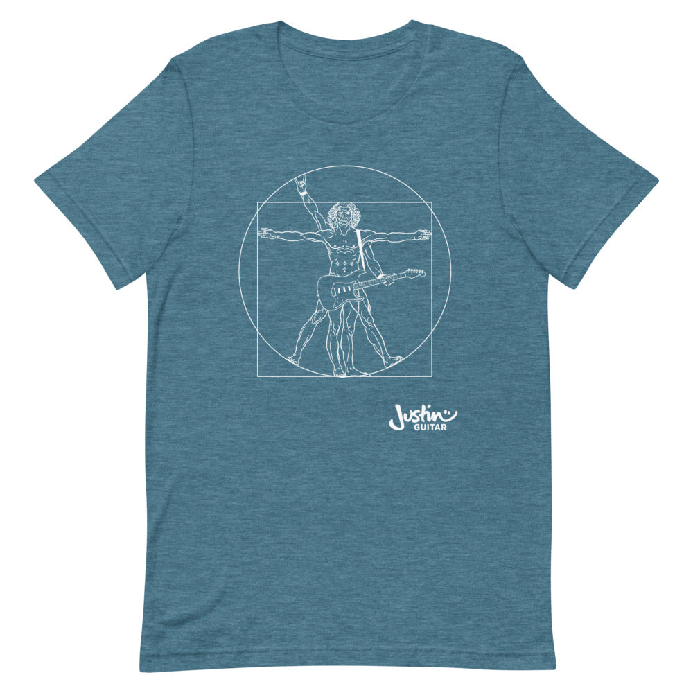 Teal T-Shirt with a design of Da Vinci playing the electric guitar. 