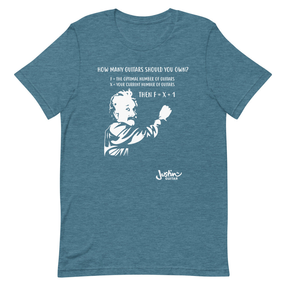 Teal Tshirt with design featuring Einstein calculating how many guitars a guitar lover should own. 
