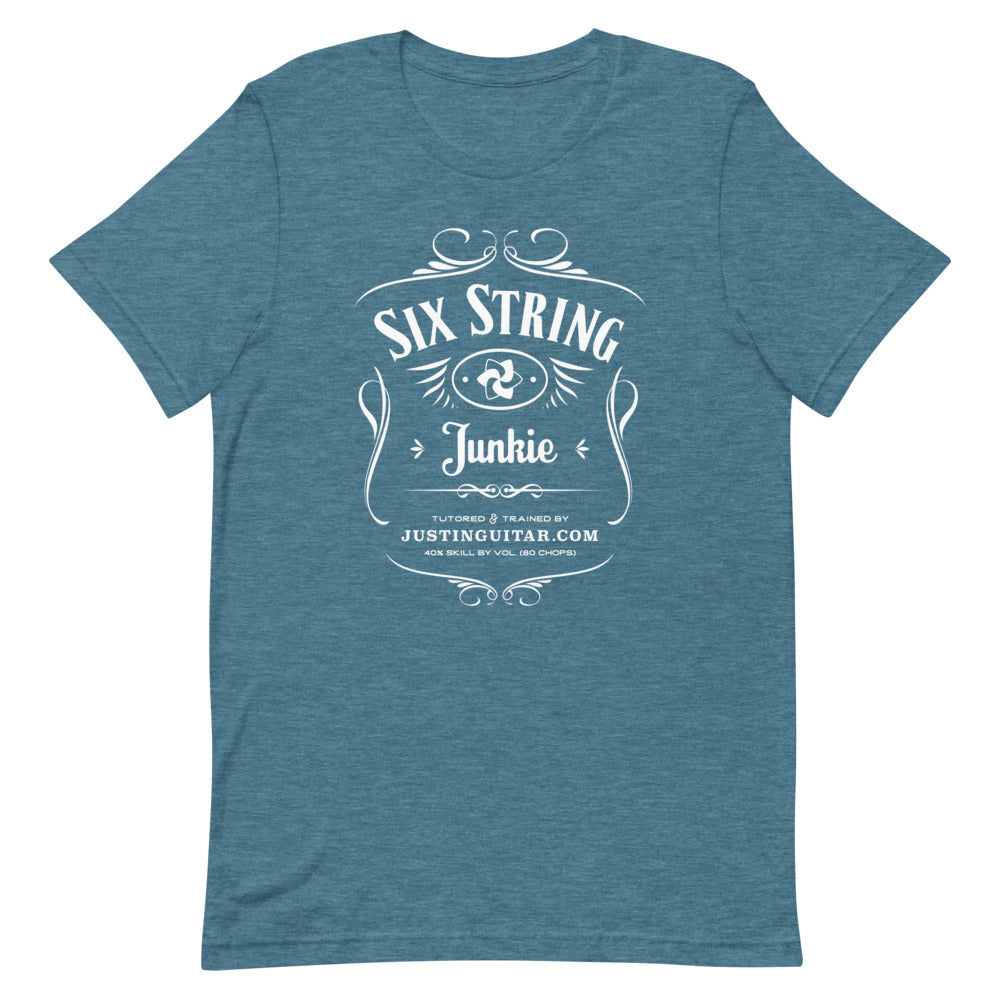 Teal tshirt with six string junkie design.
