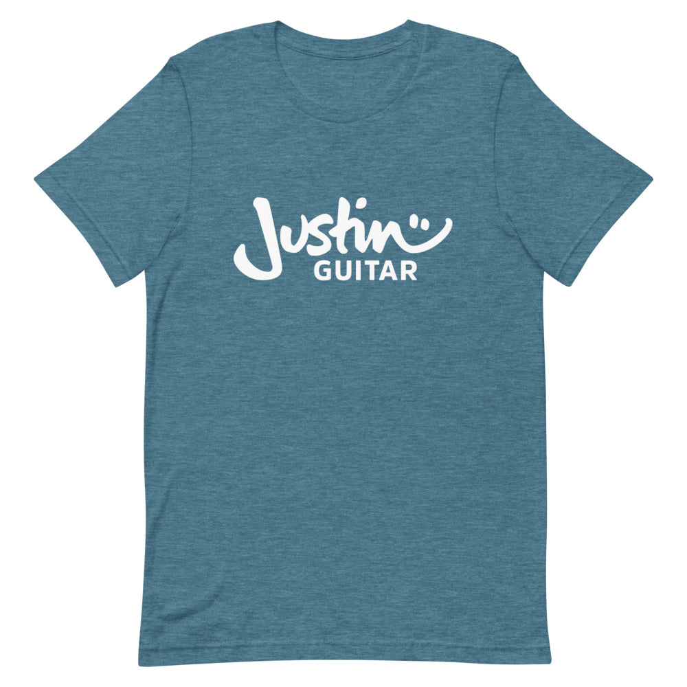 Teal tshirt with JustinGuitar logo.