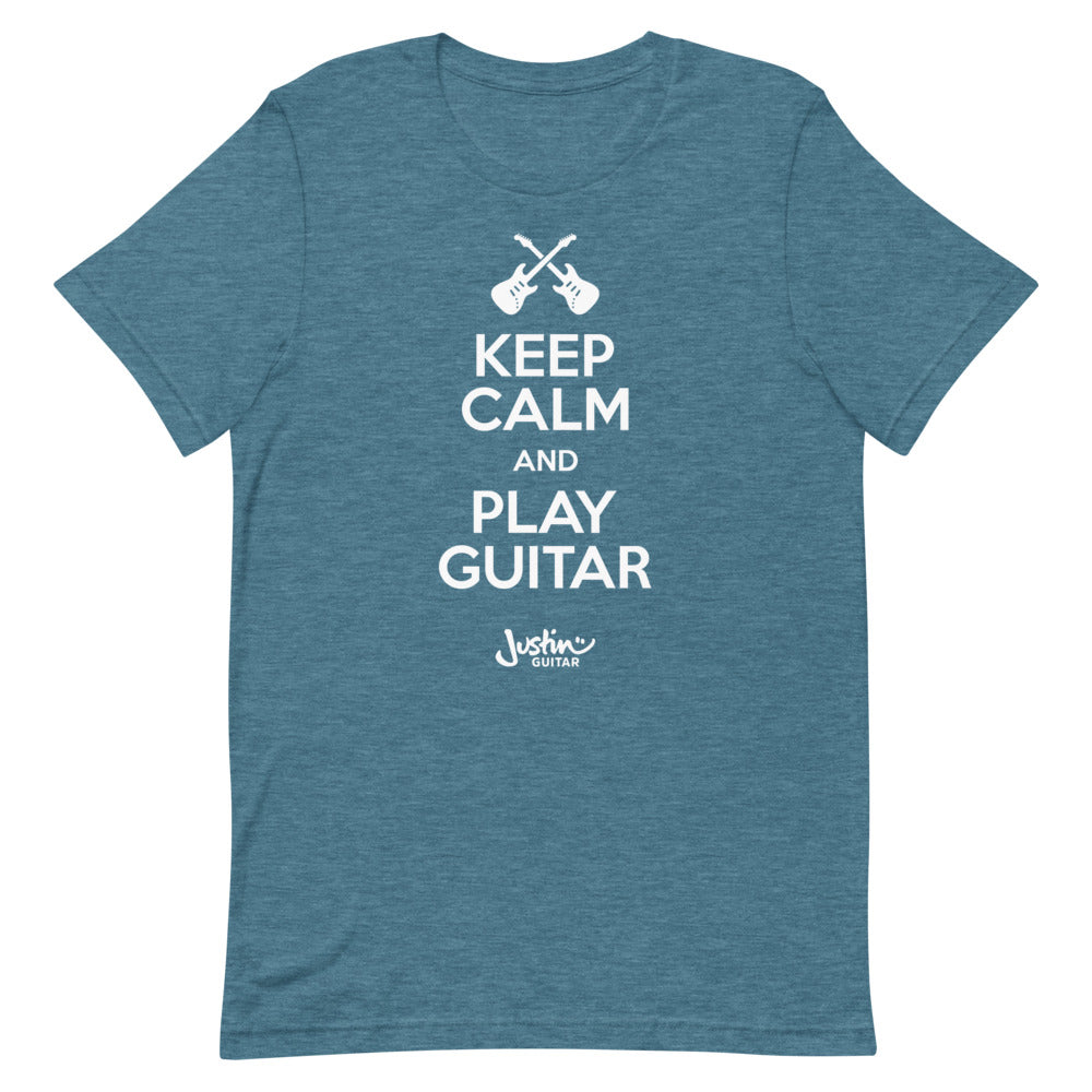 Teal tshirt with 'Keep calm and play guitar' design.