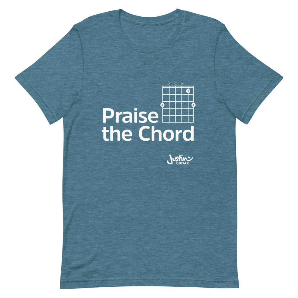Teal tshirt with 'praise the chord' guitar chord design. 