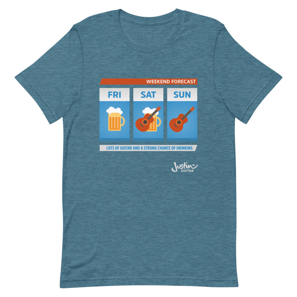Teal tshirt with weekend forecast design showing lots of guitar and a strong change of drinking.